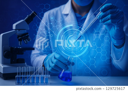 AI generated image of a scientist in gloves using a pipette with microscope and test tubes in a high tech laboratory with molecular graphics symbolizing advanced scientific research 129725617