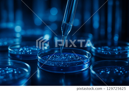 AI generated close up view of pipette dispensing liquid into petri dish with glowing particles in blue tone symbolizing advanced scientific research and biotechnology innovation 129725625