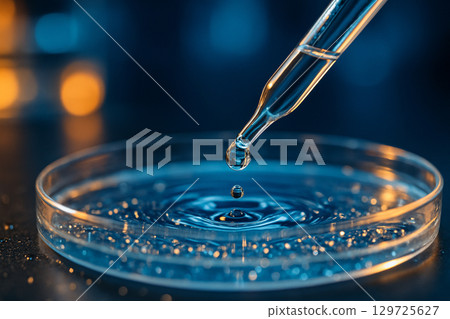 AI generated close up of a droplet from pipette falling into a petri dish with blue liquid and golden bokeh background creating a modern science atmosphere 129725627