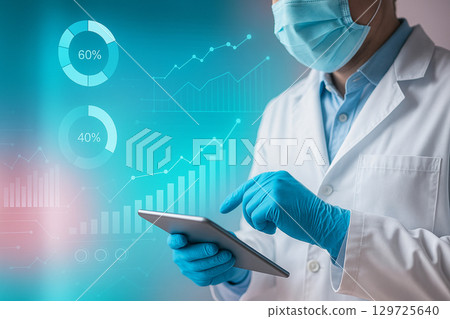 AI generated image of medical professional using digital tablet with holographic charts and graphs representing advanced data analysis and healthcare technology 129725640