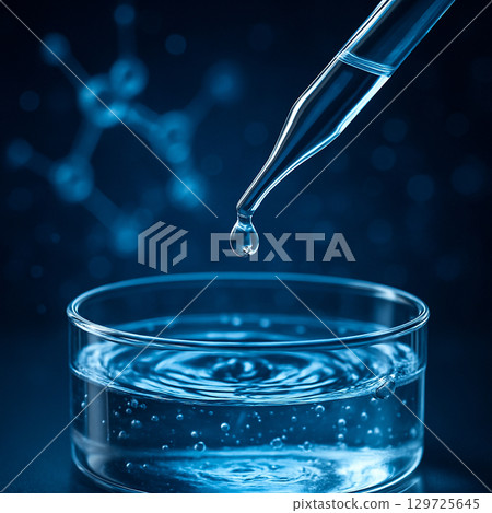 AI generated macro view of pipette drop falling into clear liquid with molecular graphics in blue background symbolizing accuracy cleanliness and innovation in scientific research 129725645
