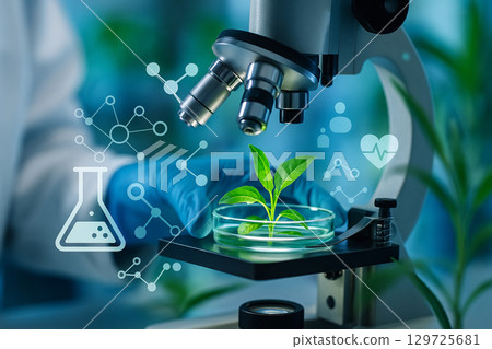 AI generated scientist examines green plant tissue in petri dish using microscope with digital icons overlay symbolizing biotechnology research and innovation in agriculture and environment 129725681