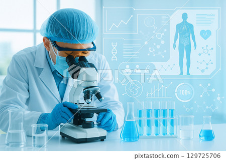 AI generated image of a scientist using a microscope with infographic data and lab equipment representing advanced medical and biological research 129725706