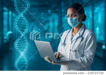 AI generated image of a female doctor in a modern biotech lab using a laptop with holographic DNA and scientific data overlay 129725730