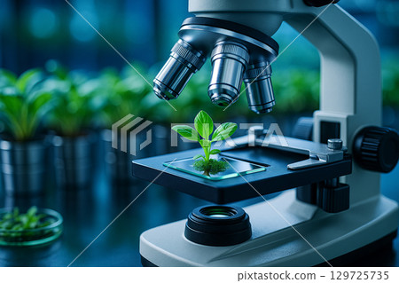 AI generated close up of fresh green seedling under microscope with blurred lab background symbolizing modern botanical research biotechnology and sustainable agriculture AI generated close up of fresh green seedling under microscope with blurred lab background symbolizing modern botanical research biotechnology and sustainable agriculture 129725735