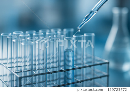 AI generated close up of glass test tubes with pipette in clean modern science lab showing precision sterile environment and professional laboratory atmosphere with soft blue lighting 129725772