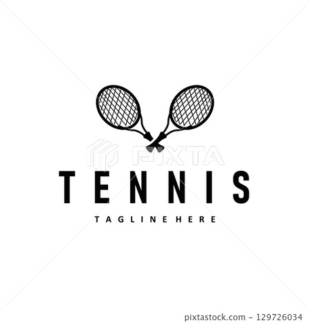 Tennis logo design concept simple black silhouette tennis sport with ball and tennis racket design for brand product illustration template 129726034