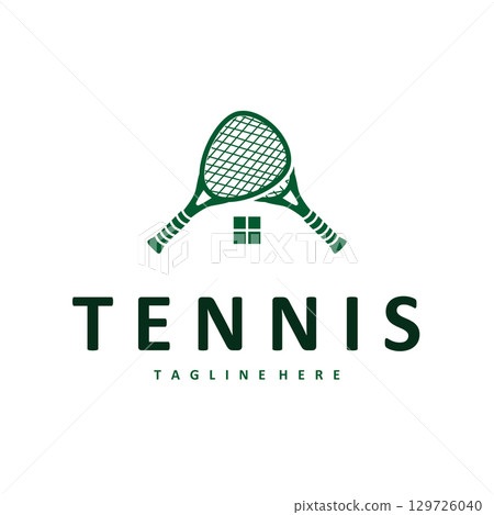 Tennis logo design concept simple black silhouette tennis sport with ball and tennis racket design for brand product illustration template 129726040