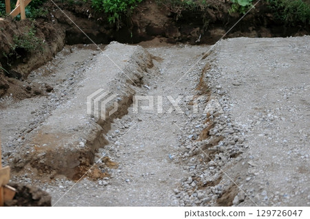 Foundation work for a house (laying the floor before pouring concrete) Foundation work for a house (laying the floor before pouring concrete) 129726047