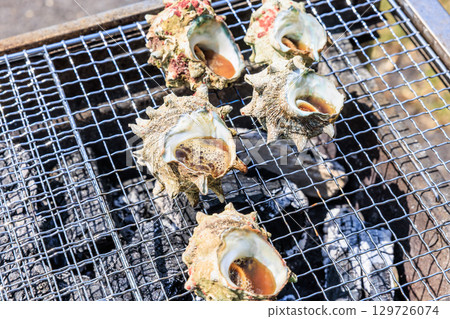 Food grilled on a barbecue grill 129726074