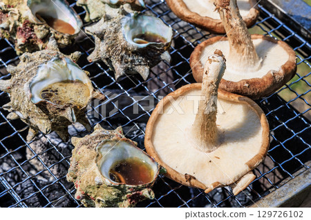 Food grilled on a barbecue grill 129726102