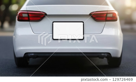 White Sedan Rear View with Blank License Plate 129726469