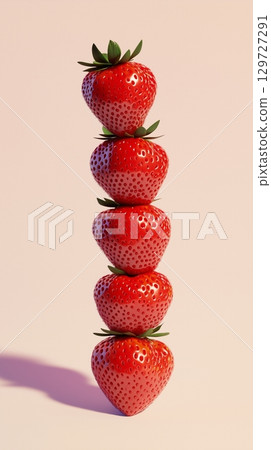 A stack of strawberry fruit balancing on top with pink solid background 129727291