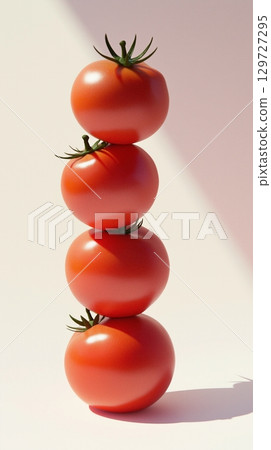 A stack of tomato fruit balancing on top with pink solid background 129727295