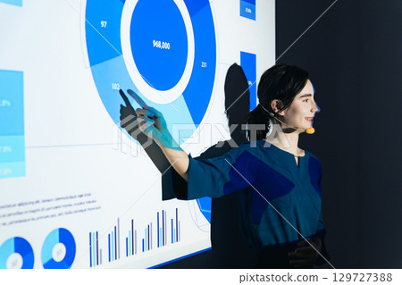 Caucasian woman giving a presentation using a projector Caucasian woman giving a presentation using a projector 129727388