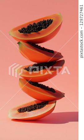 A stack of papaya slice fruit balancing on top with solid background 129727461