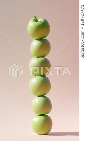 A stack of green apple slice fruit balancing on top with solid background 129727473