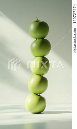 A stack of green apple slice fruit balancing on top with solid background 129727474