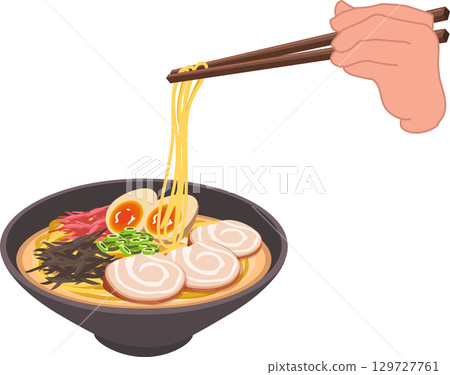 ramen noodle soup showing chopsticks hand holding noodles with pork slices egg and broth ramen noodle soup showing chopsticks hand holding noodles with pork slices egg and broth 129727761