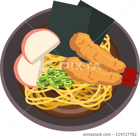 top view japanese ramen bowl with shrimp tempura fish cake and seaweed illustration top view japanese ramen bowl with shrimp tempura fish cake and seaweed illustration 129727762