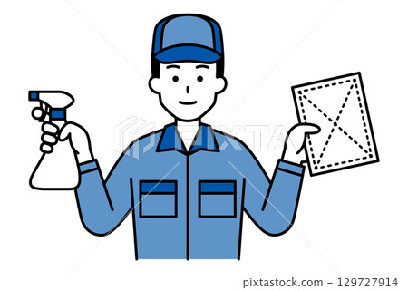 A cleaning man holding a spray detergent and a rag 129727914