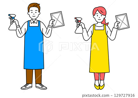 Men and women in aprons holding spray detergent and rags (full body) 129727916