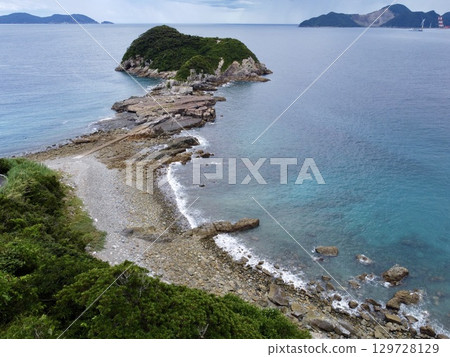 Aerial view of Senjojiki and the sea on Naru Island in the Goto Islands, Nagasaki Prefecture, taken with a drone 129728129