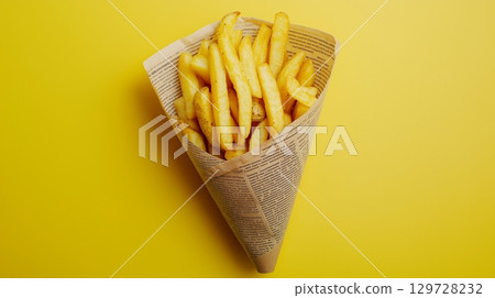 Potato fries stick salty snack crispy on paper cone wrapped for takeaway order 129728232