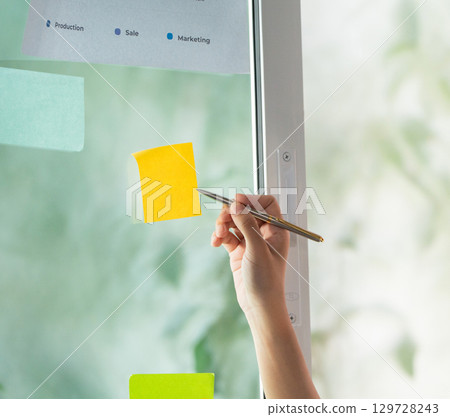 Close-up of hand placing sticky note on window for task management 129728243