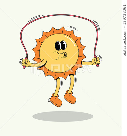 Retro Cartoon Sun Character Happily Jumping Rope 129728361