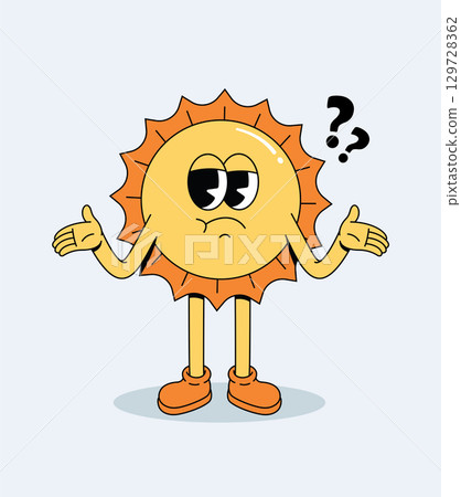 Retro Cartoon Sun Character Shrugging Shoulders with Question Marks Retro Cartoon Sun Character Shrugging Shoulders with Question Marks 129728362