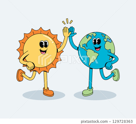 Cheerful Groovy Cartoon Sun and Earth High-Fiving, Symbolizing Environmental Partnership and Positive Collaboration 129728363