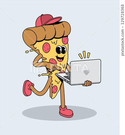 Productive cartoon pizza slice character wearing a cap and working on a laptop, pointing at the screen 129728368