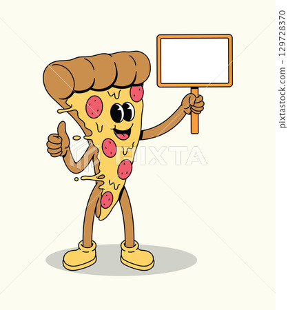 Happy Retro Pizza Character Holding Blank Sign and Thumbs Up 129728370