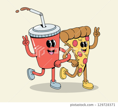 Happy Retro Cartoon Soda Cup and Pizza Slice Characters Walking Together, Making Peace Signs Happy Retro Cartoon Soda Cup and Pizza Slice Characters Walking Together, Making Peace Signs 129728371
