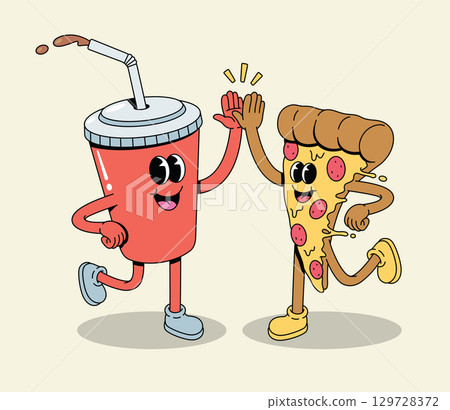 Happy cartoon soda cup and pizza slice characters high-fiving and running together, symbolizing fast food friendship Happy cartoon soda cup and pizza slice characters high-fiving and running together, symbolizing fast food friendship 129728372