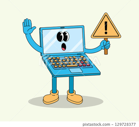 Alert Cartoon Laptop Character Holding Warning Exclamation Mark Sign Alert Cartoon Laptop Character Holding Warning Exclamation Mark Sign 129728377