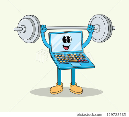 Strong Cartoon Laptop Character Lifting Barbell During Workout Strong Cartoon Laptop Character Lifting Barbell During Workout 129728385