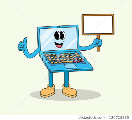 Laptop Character Holding a Blank Sign for Presentation Laptop Character Holding a Blank Sign for Presentation 129728389