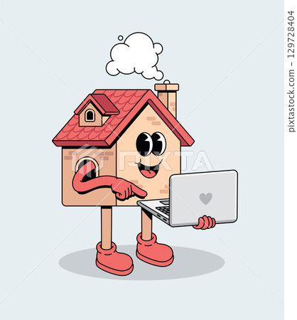 Productive cartoon house character happily working on a laptop Productive cartoon house character happily working on a laptop 129728404