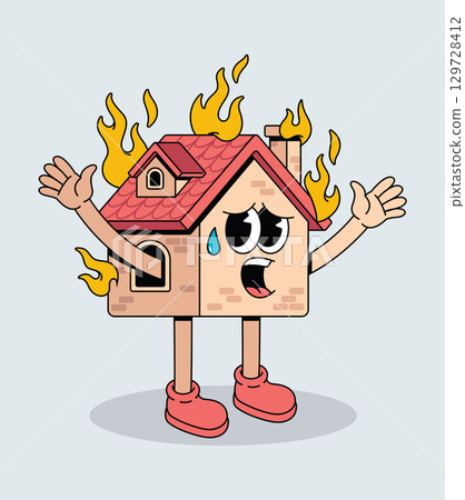 Distressed groovy cartoon house character on fire 129728412
