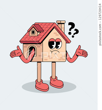 Confused cartoon house character shrugging with question marks 129728414