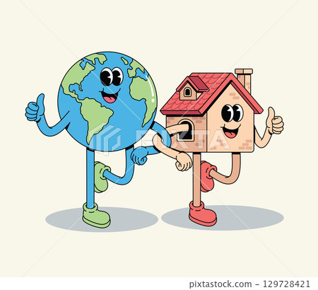 Happy cartoon Earth planet and house characters walking together, giving thumbs-up 129728421