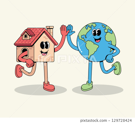 Friendly groovy cartoon house and Earth globe high-fiving 129728424