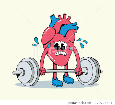 Groovy Cartoon Heart Character Struggling to Lift Heavy Barbell, Sweating from Intense Workout 129728425