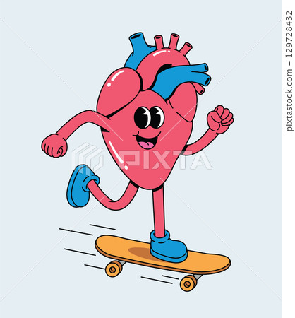 Happy Groovy Cartoon Heart Character Skateboarding 129728432