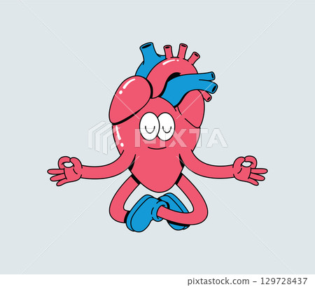 Groovy Cartoon Human Heart Character Meditating in Lotus Pose, Calm and Healthy Groovy Cartoon Human Heart Character Meditating in Lotus Pose, Calm and Healthy 129728437