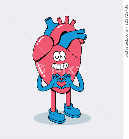 Cheerful Anatomical Heart Character Making Love Gesture with Hands, Happy and Positive Emotion 129728438