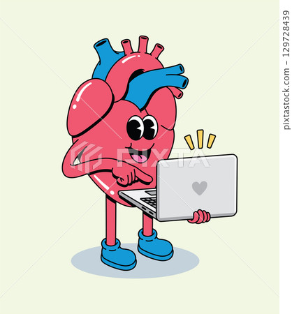 Happy Groovy Cartoon Heart Character Engaged with Laptop 129728439