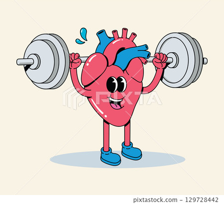 Cheerful Heart Character Doing Weightlifting, Symbolizing Health, Vitality, and Strength Cheerful Heart Character Doing Weightlifting, Symbolizing Health, Vitality, and Strength 129728442